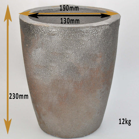 Large Foundry Grade Crucible, 12 Kilogram capacity, measuring 190mm wide and 230mm high, displayed on a solid white background, perfect for substantial metalworking and casting projects.