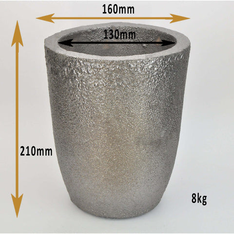 8 Kilogram Foundry Grade Crucible, with dimensions of 160mm wide and 210mm high, prominently displayed on a solid white background, ideal for large-scale metal casting and melting applications.