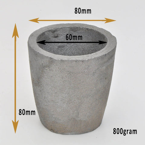 Foundry Grade Crucible, 800 gram capacity, measuring 80mm wide and 80mm high, showcased on a solid white background. Ideal for precise metal casting and melting applications.