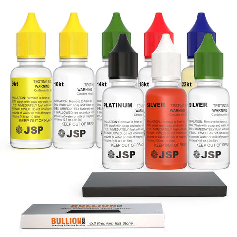 Gold Silver and Platinum testing kit, 9k 10k 14k 18k 22k Silver and Platinum, Extra Silver bottle, 4x2 Bullioncare Stone, On sold white background.