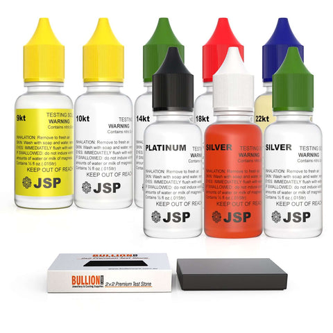 Gold Silver and Platinum testing kit, 9k 10k 14k 18k 22k Silver and Platinum, Extra Silver bottle, 2x2 Bullioncare Stone, On sold white background.