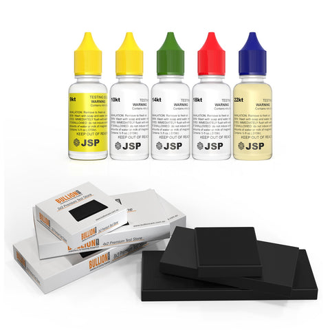 Gold testing kit with bottles labeled 9k, 10k, 14k, 18k, 22k for various karat testing, alongside three testing stones in sizes 2x2, 4x2, and 8x3 inches.