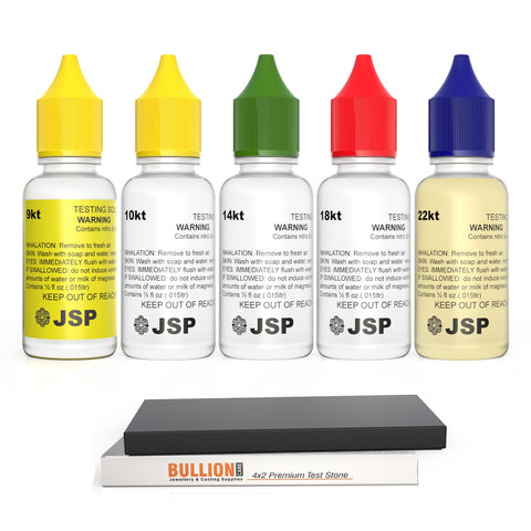 Gold purity testing kit featuring bottles for 9k to 22k assessments and a 4x2 inch premium test stone, labeled for professional jewelry and casting supplies.