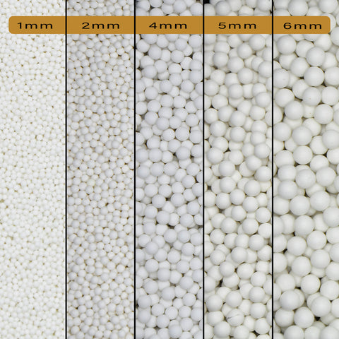 Visual representation of the 1mm, 2mm, 4mm, 5mm, 6mm, side by side displaying the unique properties of each Tumbling Media sizes.