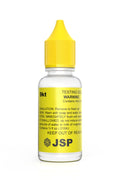 A bottle of 9kt gold testing solution with a yellow cap and label, marked with safety and content information.
