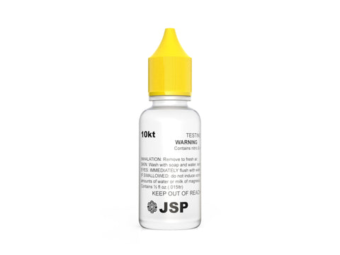 A 10kt gold testing solution bottle with a bright yellow cap, labeled with safety instructions and the JSP brand logo.
