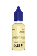 A 22kt gold testing solution in a bottle with a blue cap, including product and safety information on its label.