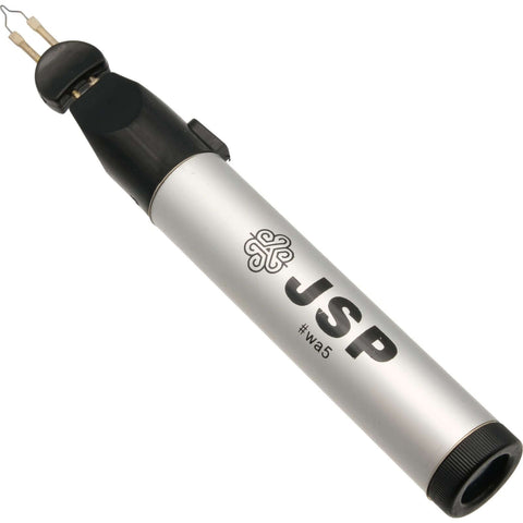 Diagonally presented JSP branded wax pen, with a detailed close-up of the single thread burner head, emphasizing fine details, specifically designed for thread burning, against a white background.