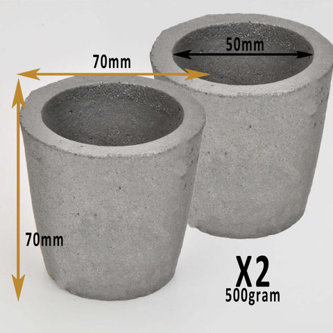 Set of two Foundry Grade Crucibles, each with a 500 gram capacity, dimensions 70mm wide and 70mm high, showcased together on a solid white background, ideal for precision metal casting.