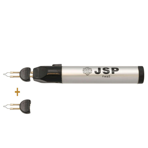 JSP branded wax pen showcased up close, highlighting the detailed thread burner and featuring a '+' sign with an additional wax head below, indicating a dual-function variant for thread burning and wax manipulation, displayed on a white background.
