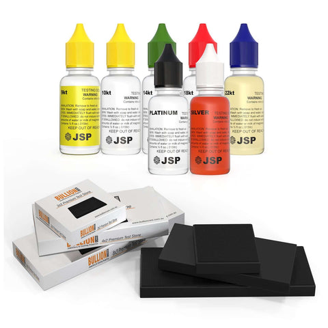 Comprehensive Gold, Silver, Platinum testing kit with 9k, 10k, 14k, 18k, 22k solutions, and Bullioncare stones in sizes 2x2, 4x2, 8x3, showcased on a solid white background. Ideal for precise metal testing.