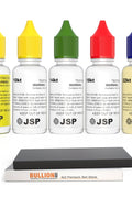 Gold purity testing kit featuring bottles for 9k to 22k assessments and a 4x2 inch premium test stone, labeled for professional jewelry and casting supplies.