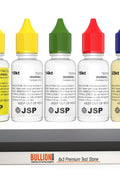 Complete gold testing set including 9k to 22k solution bottles with distinct colored caps and an 8x3 inch premium test stone, presented on a white background.