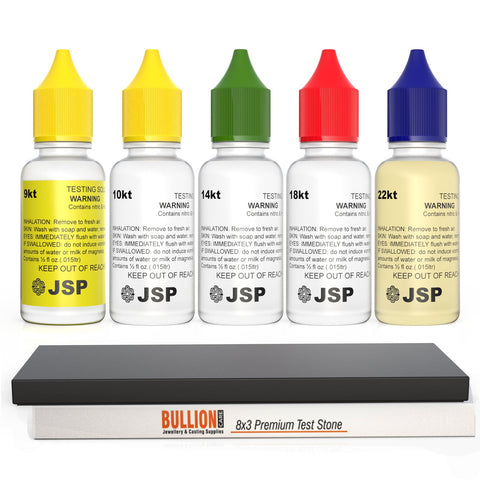 Complete gold testing set including 9k to 22k solution bottles with distinct colored caps and an 8x3 inch premium test stone, presented on a white background.