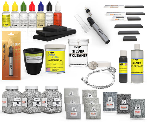 Bullioncare's jewellery making and casting essentials: testing kits, polishing tools, silver dip cleaner, and tumbling media.