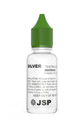 Silver testing solution in 1/2oz shatterproof bottles with color-coded caps for silver jewelry testing on slate stone, prevents cross-contamination.