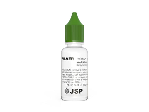 Silver testing solution in 1/2oz shatterproof bottles with color-coded caps for silver jewelry testing on slate stone, prevents cross-contamination.