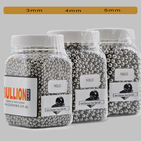 Stainless Steel Tumbling Media in 3mm, 4mm, and 5mm sizes, displayed in Bullioncare packaging, ideal for polishing and achieving a shiny finish on hardened metals. Showcases all three sizes for efficient and precise surface refinement.